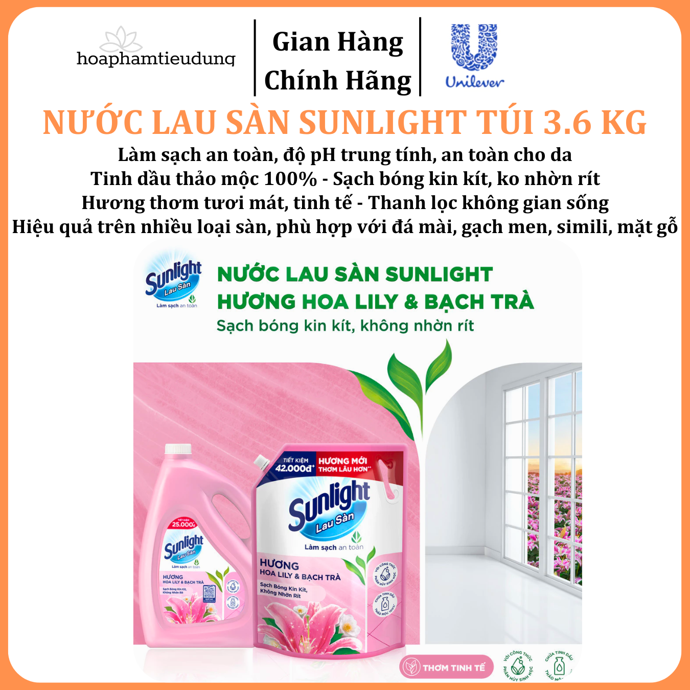  Nước Lau Sàn Sunlight Tinh Dầu Thảo Mộc Sạch Bóng Túi 3.6 Kg 