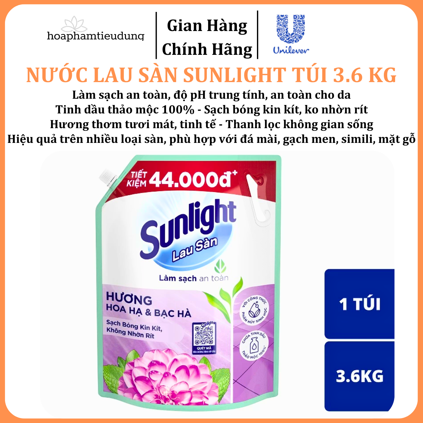  Nước Lau Sàn Sunlight Tinh Dầu Thảo Mộc Sạch Bóng Túi 3.6 Kg 