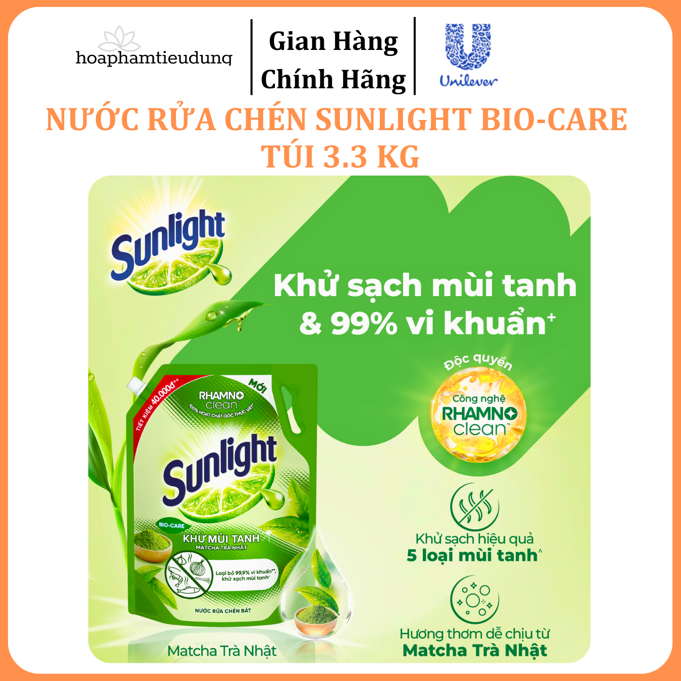  Nước rửa chén Sunlight Bio-care với thành phần từ 100% tự nhiên Túi 3.3 kg 