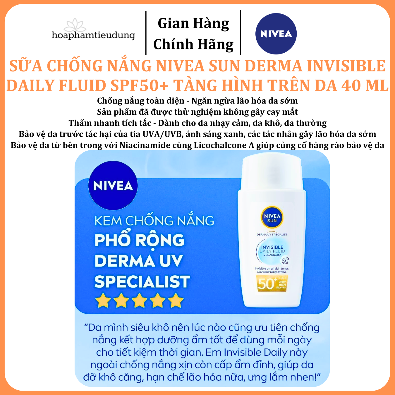  Sữa Chống Nắng NIVEA SUN Derma Invisible Daily Fluid SPF50+ Tàng Hình Trên Da 40 ml 