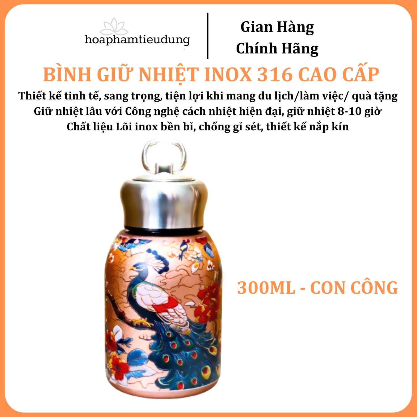  Bình giữ nhiệt Inox 316 in hình họa tiết đẹp mắt có quai treo siêu bền 300ml, 650ml, 800ml 