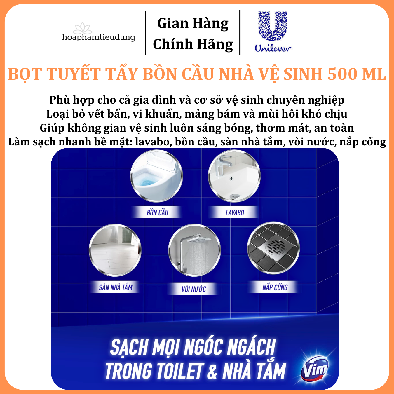  Bọt Tuyết Siêu Mạnh Tẩy Bồn Cầu và Nhà Vệ Sinh Vim, Diệt 99,9% Vi Khuẩn 500ml 