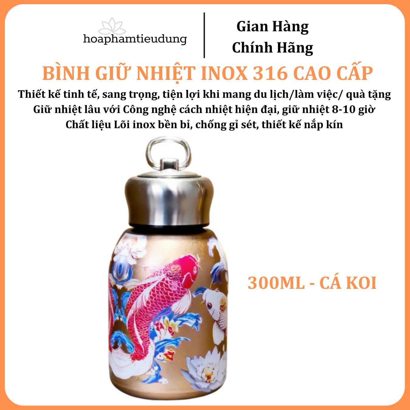  Bình giữ nhiệt Inox 316 in hình họa tiết đẹp mắt có quai treo siêu bền 300ml, 650ml, 800ml 