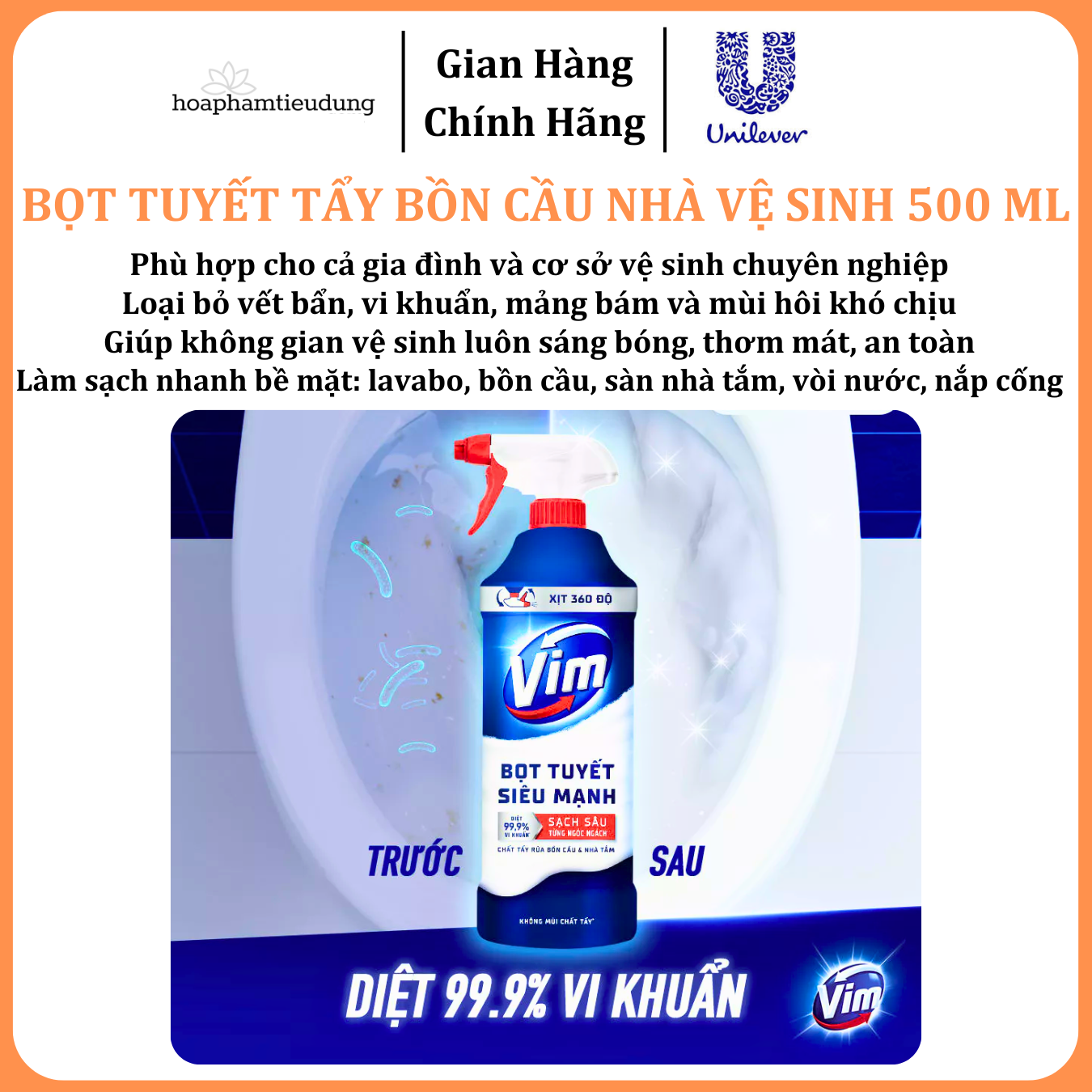  Bọt Tuyết Siêu Mạnh Tẩy Bồn Cầu và Nhà Vệ Sinh Vim, Diệt 99,9% Vi Khuẩn 500ml 