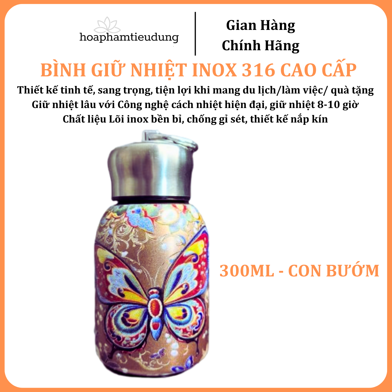  Bình giữ nhiệt Inox 316 in hình họa tiết đẹp mắt có quai treo siêu bền 300ml, 650ml, 800ml 