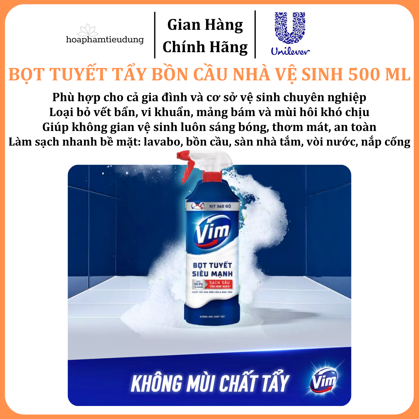  Bọt Tuyết Siêu Mạnh Tẩy Bồn Cầu và Nhà Vệ Sinh Vim, Diệt 99,9% Vi Khuẩn 500ml 