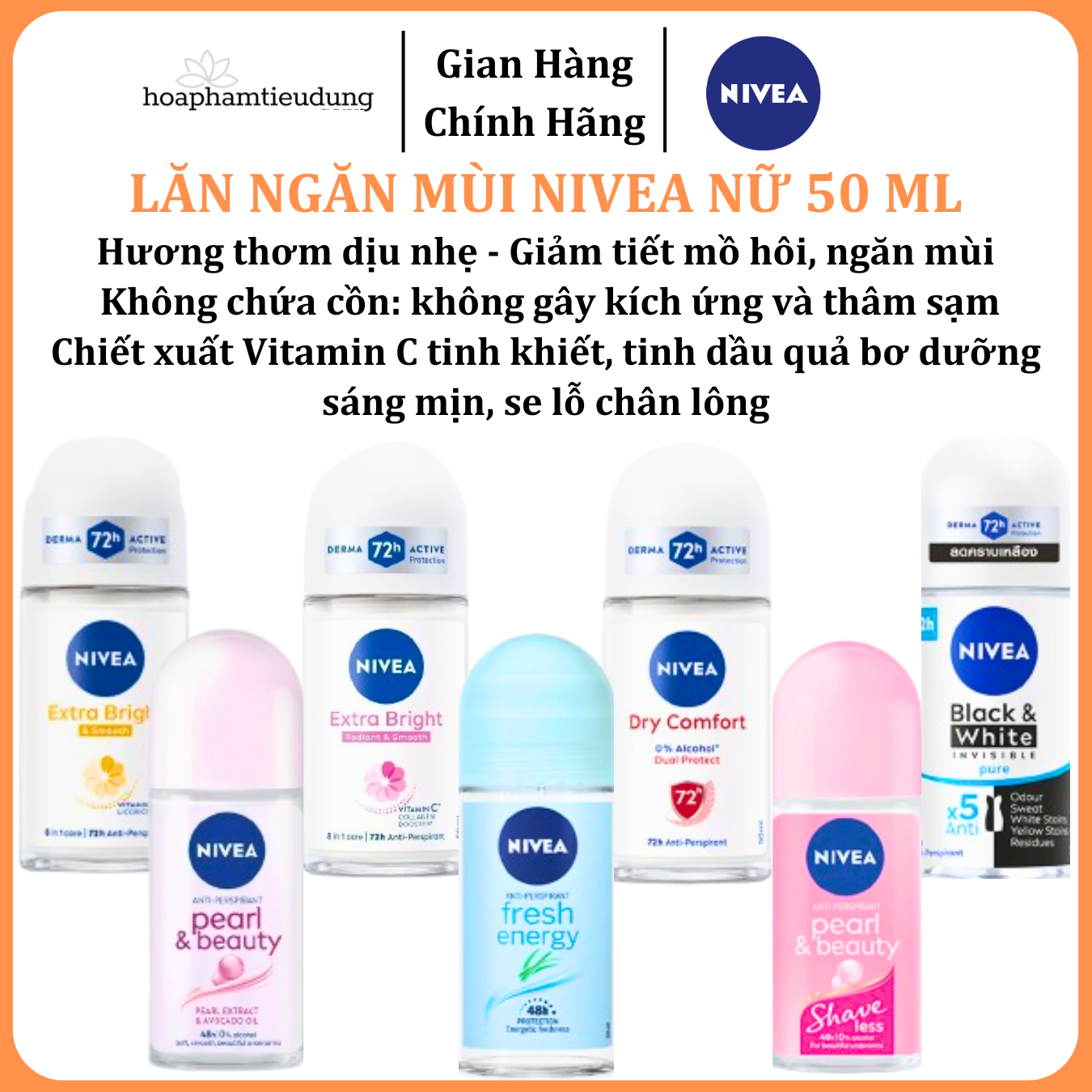  Lăn Ngăn Mùi NIVEA nữ Sáng Mịn | Mờ Thâm | Se Khít Lỗ Chân Lông | Tươi mát | Khô thoáng | Ngăn vệt ố 50 ml 