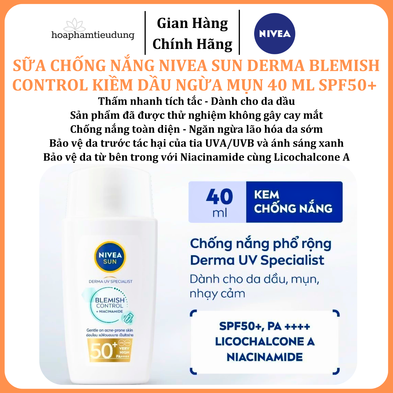  Sữa Chống Nắng NIVEA SUN Derma Blemish Control Kiềm Dầu Ngừa Mụn 40 ml SPF50+ 