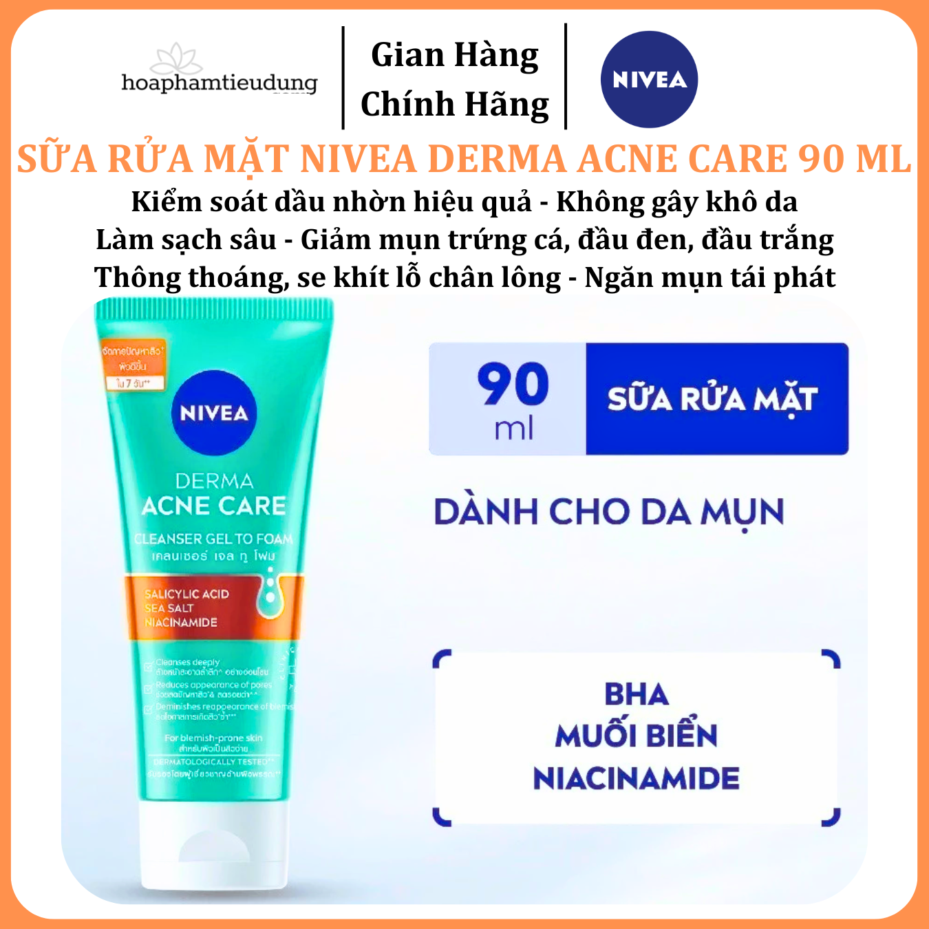  Sữa Rửa Mặt NIVEA Derma Acne Care Gel Tạo Bọt Sạch Sâu Giảm Mụn 90 ml 