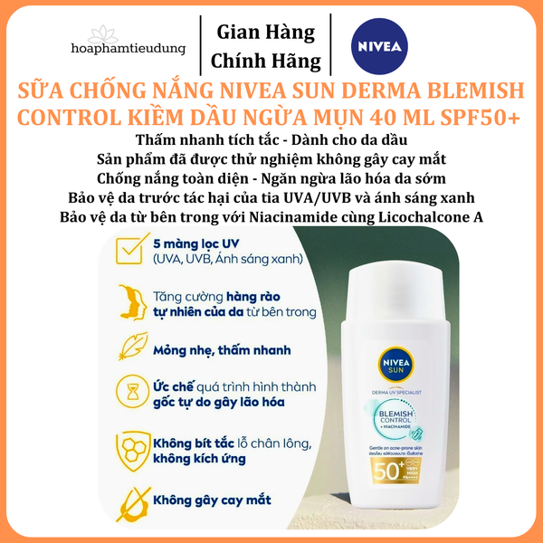  Sữa Chống Nắng NIVEA SUN Derma Blemish Control Kiềm Dầu Ngừa Mụn 40 ml SPF50+ 