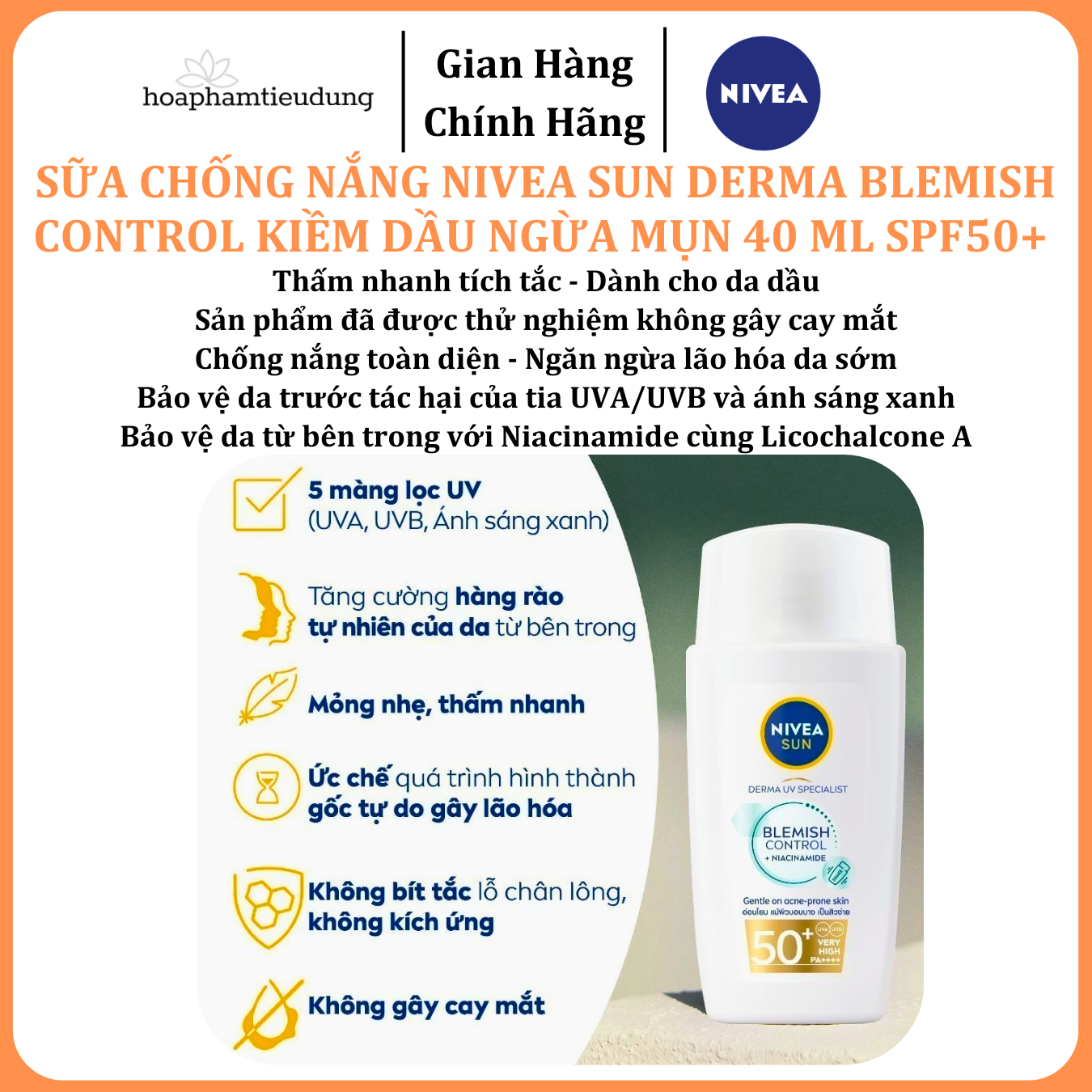  Sữa Chống Nắng NIVEA SUN Derma Blemish Control Kiềm Dầu Ngừa Mụn 40 ml SPF50+ 