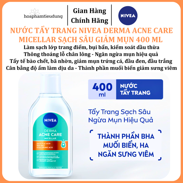  Nước Tẩy Trang NIVEA Derma Acne Care Micellar Sạch Sâu Giảm Mụn 400 ml 
