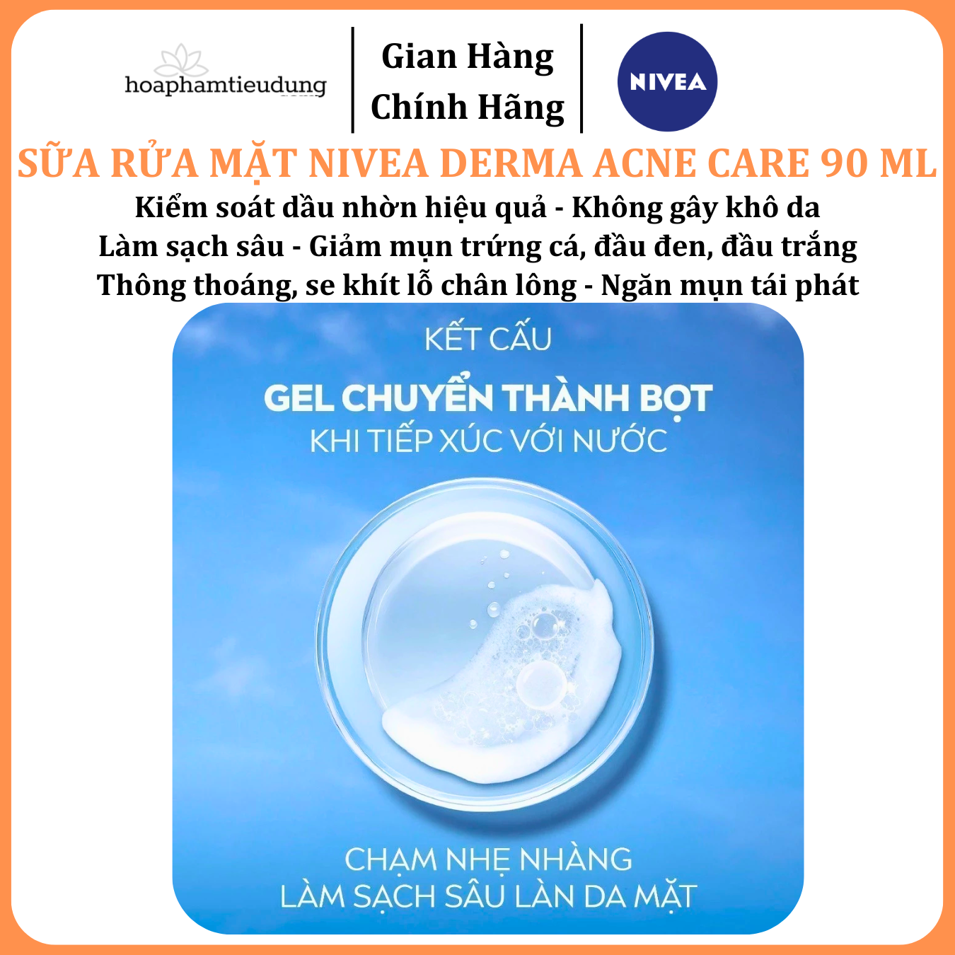  Sữa Rửa Mặt NIVEA Derma Acne Care Gel Tạo Bọt Sạch Sâu Giảm Mụn 90 ml 