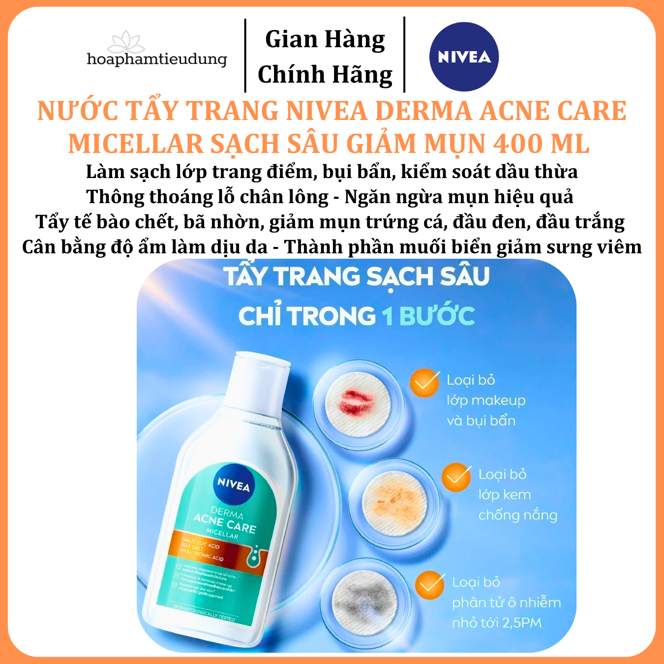 Nước Tẩy Trang NIVEA Derma Acne Care Micellar Sạch Sâu Giảm Mụn 400 ml 