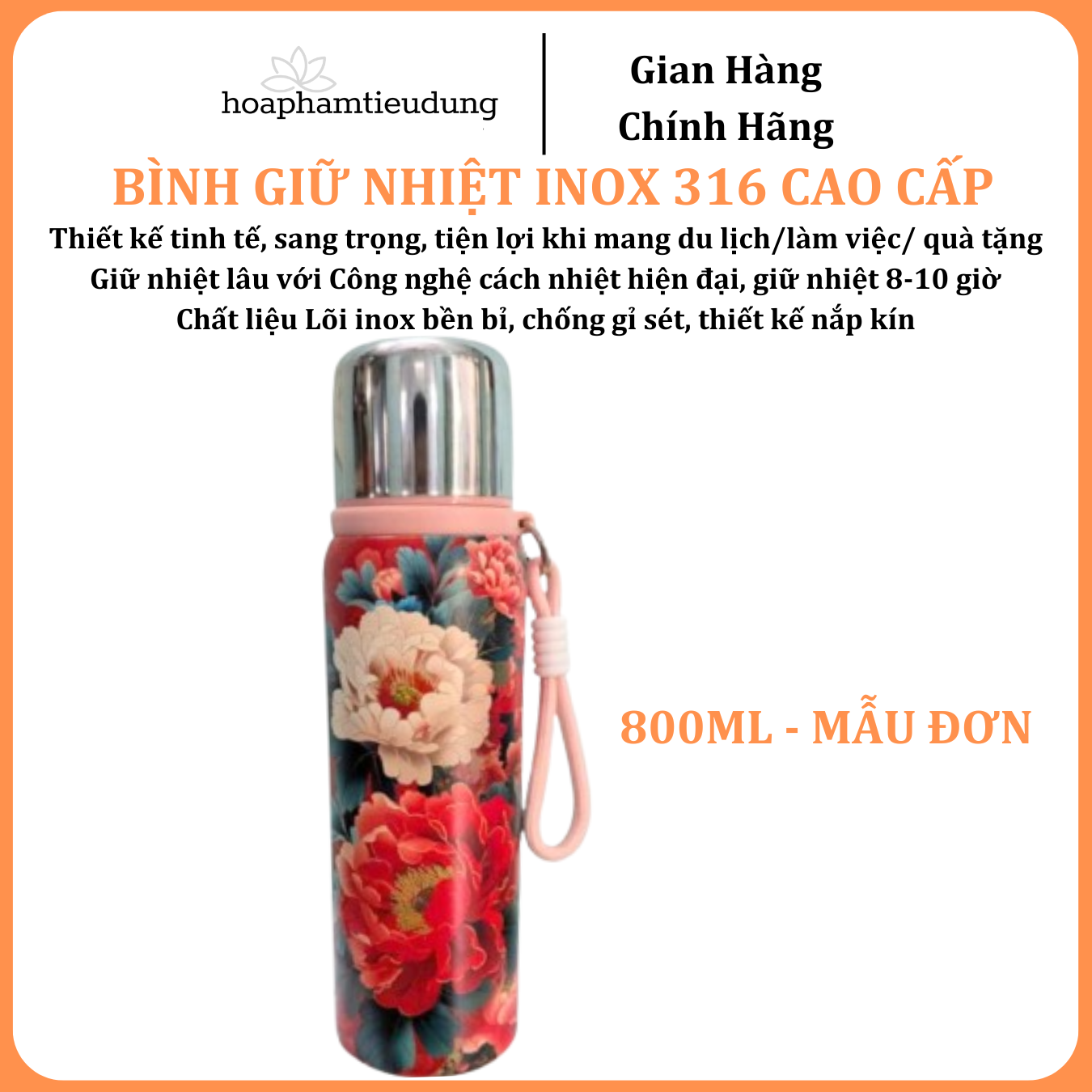  Bình giữ nhiệt Inox 316 in hình họa tiết đẹp mắt có quai treo siêu bền 300ml, 650ml, 800ml 