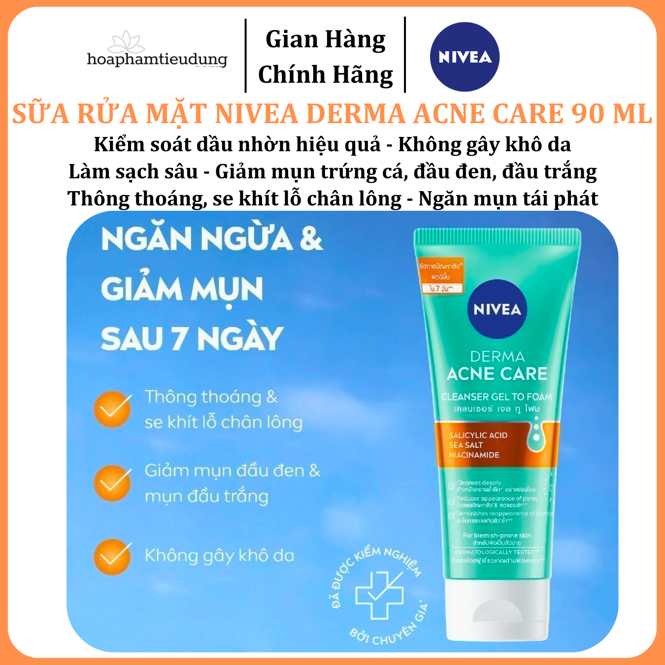  Sữa Rửa Mặt NIVEA Derma Acne Care Gel Tạo Bọt Sạch Sâu Giảm Mụn 90 ml 
