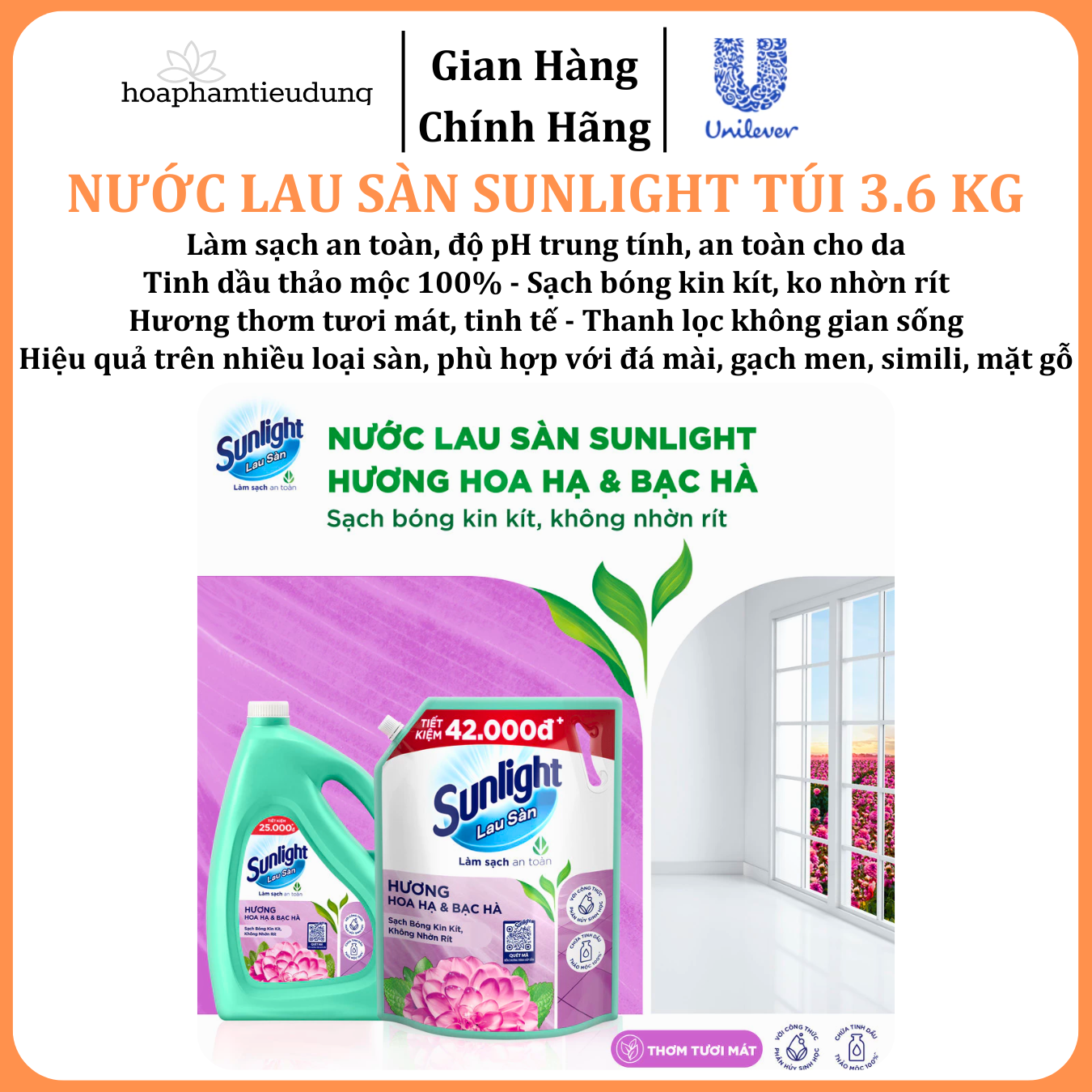  Nước Lau Sàn Sunlight Tinh Dầu Thảo Mộc Sạch Bóng Túi 3.6 Kg 