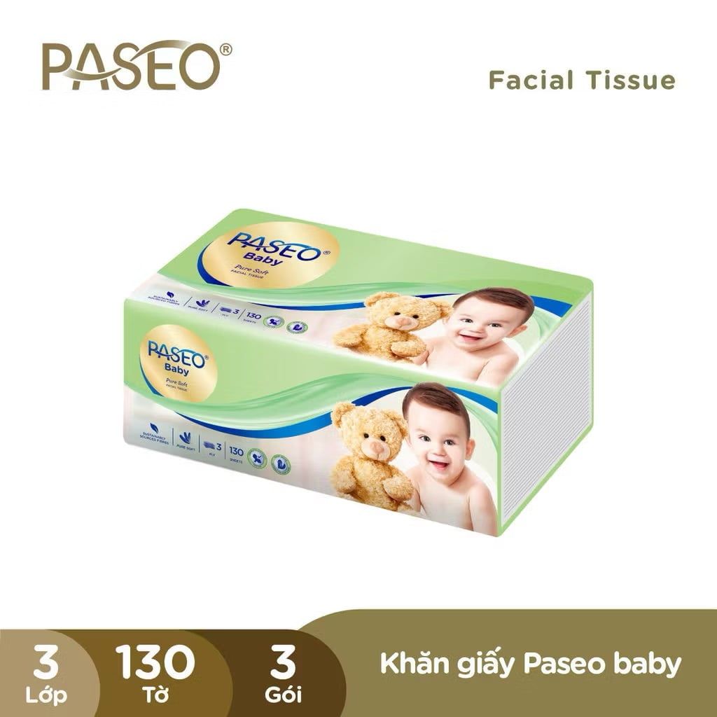  [Gói 130 Tờ] Khăn Giấy Rút Cho Bé PASEO Baby Mềm Mịn An Toàn Cho Da Nhạy Cảm (3 Lớp ) 