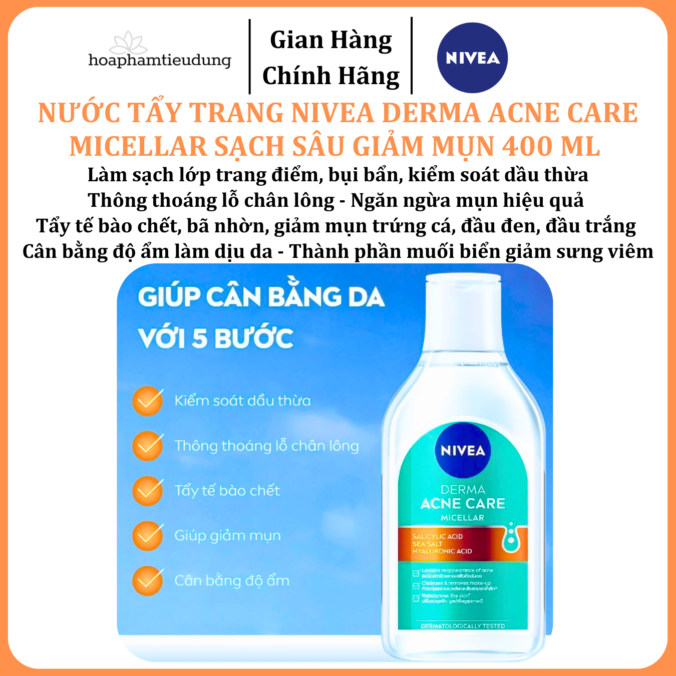  Nước Tẩy Trang NIVEA Derma Acne Care Micellar Sạch Sâu Giảm Mụn 400 ml 