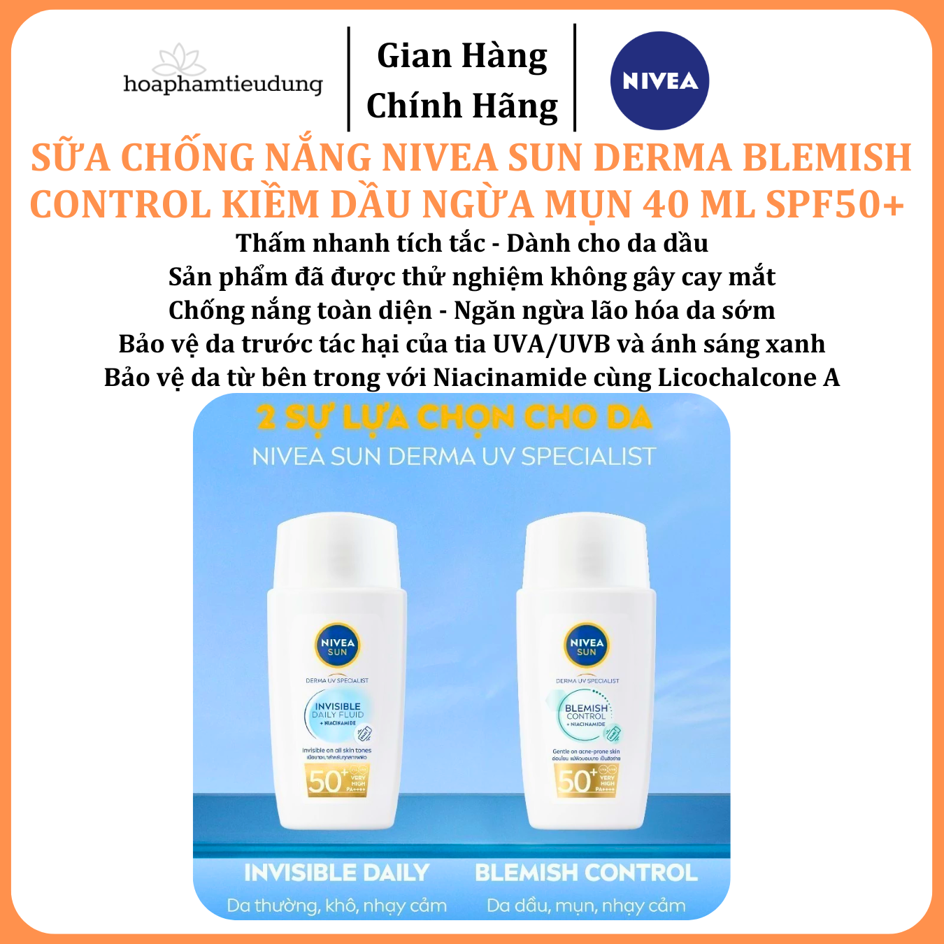  Sữa Chống Nắng NIVEA SUN Derma Blemish Control Kiềm Dầu Ngừa Mụn 40 ml SPF50+ 