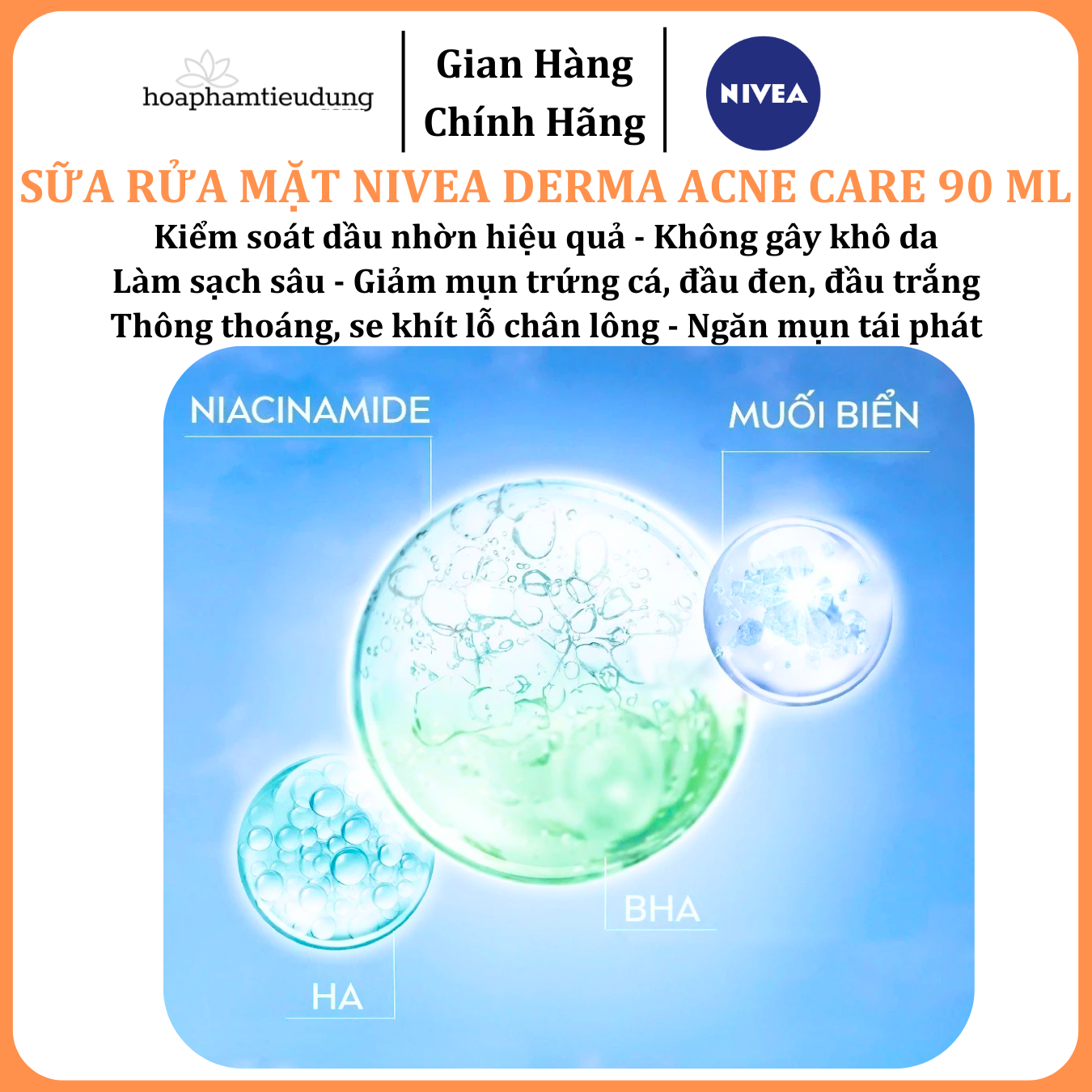  Sữa Rửa Mặt NIVEA Derma Acne Care Gel Tạo Bọt Sạch Sâu Giảm Mụn 90 ml 