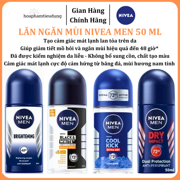  Lăn Ngăn Mùi NIVEA MEN Khô Thoáng/Sáng Da/Cool Kick Mát Lạnh 50 ml 