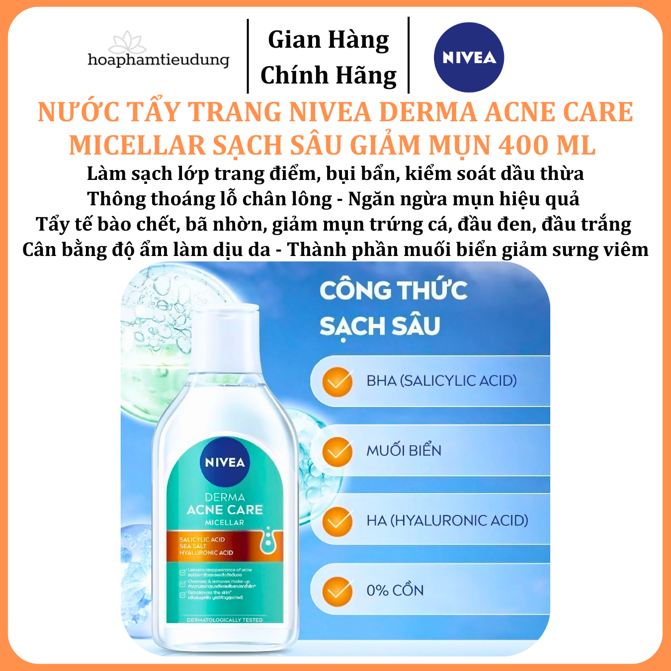  Nước Tẩy Trang NIVEA Derma Acne Care Micellar Sạch Sâu Giảm Mụn 400 ml 