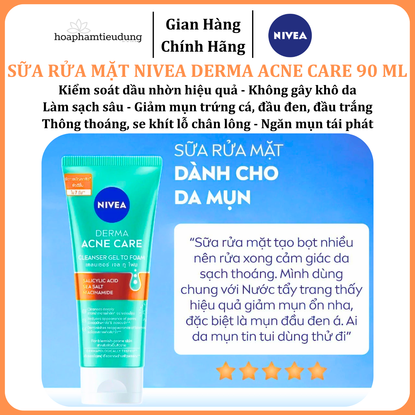  Sữa Rửa Mặt NIVEA Derma Acne Care Gel Tạo Bọt Sạch Sâu Giảm Mụn 90 ml 