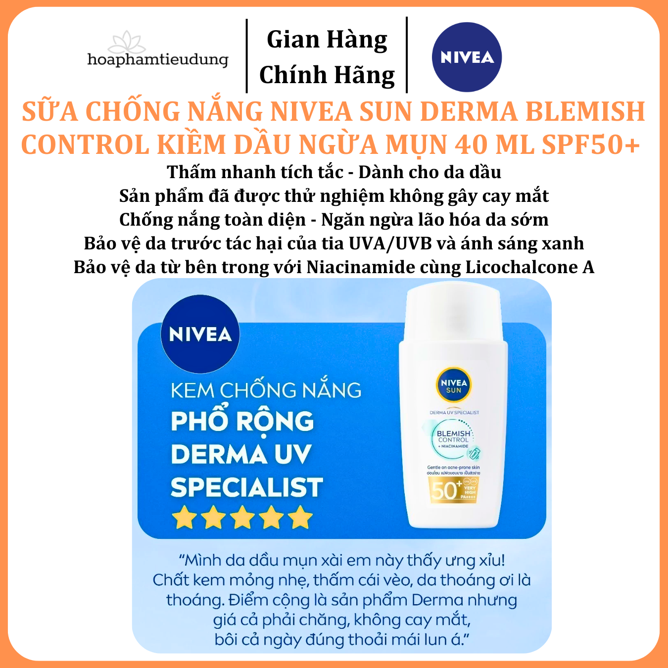  Sữa Chống Nắng NIVEA SUN Derma Blemish Control Kiềm Dầu Ngừa Mụn 40 ml SPF50+ 