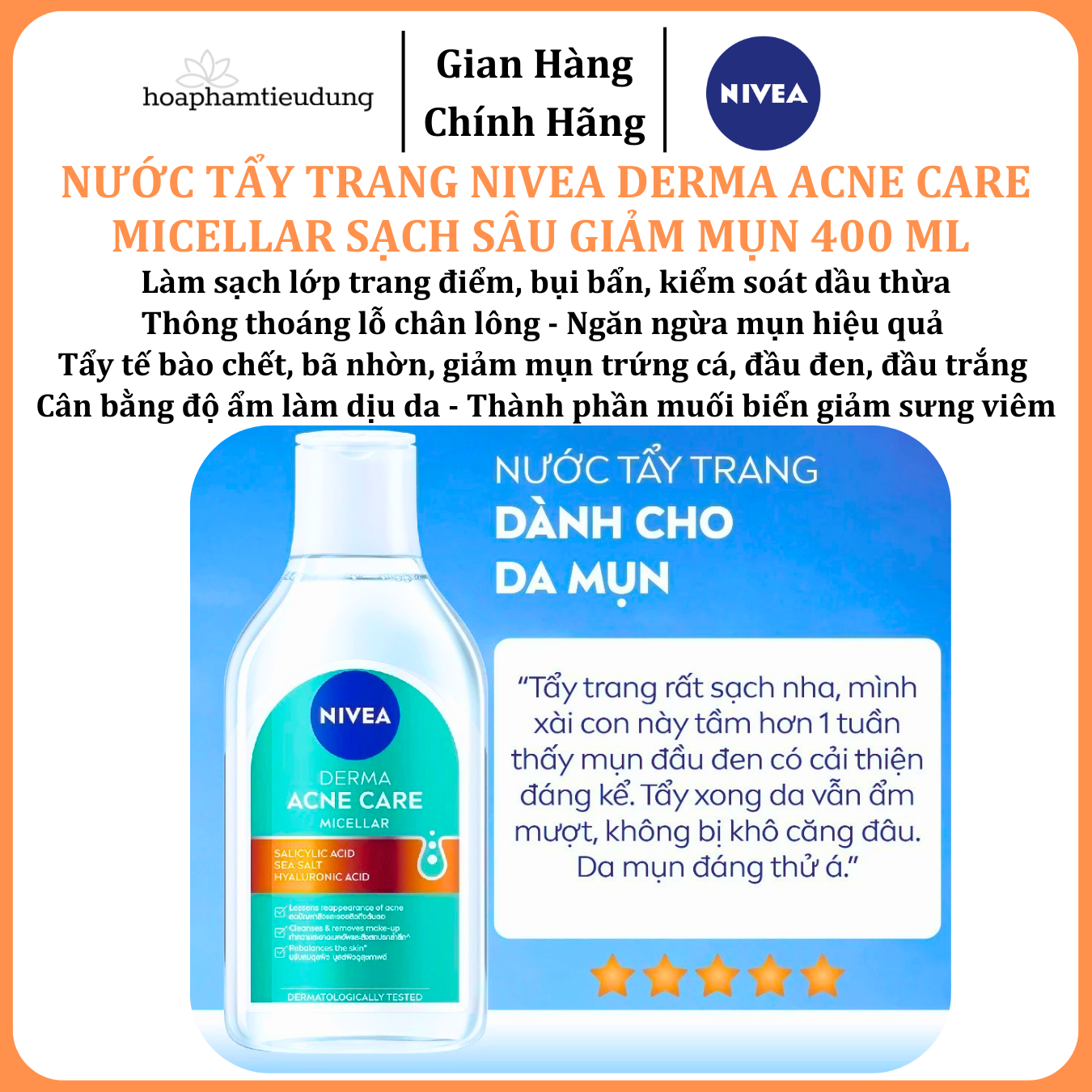  Nước Tẩy Trang NIVEA Derma Acne Care Micellar Sạch Sâu Giảm Mụn 400 ml 
