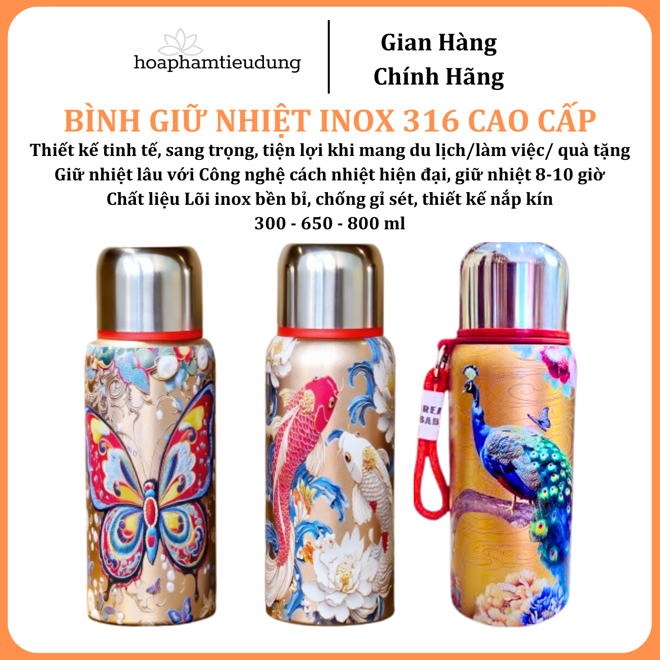  Bình giữ nhiệt Inox 316 in hình họa tiết đẹp mắt có quai treo siêu bền 300ml, 650ml, 800ml 