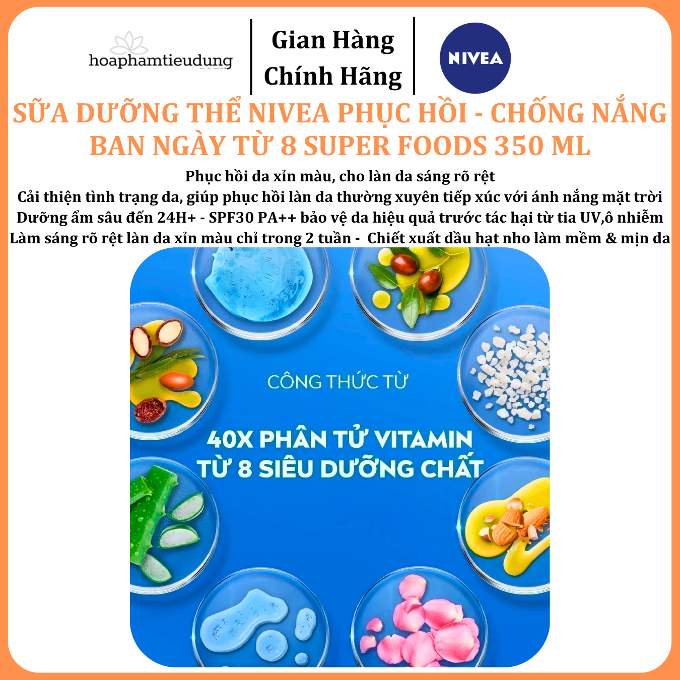  Sữa Dưỡng Thể NIVEA Phục Hồi & Chống Nắng Ban Ngày từ 8 Super Foods 350 ml 