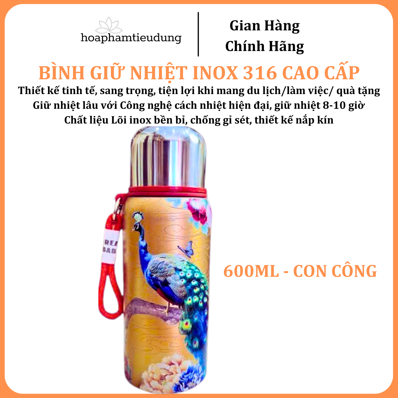  Bình giữ nhiệt Inox 316 in hình họa tiết đẹp mắt có quai treo siêu bền 300ml, 650ml, 800ml 