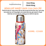  Bình giữ nhiệt Inox 316 in hình họa tiết đẹp mắt có quai treo siêu bền 300ml, 650ml, 800ml 