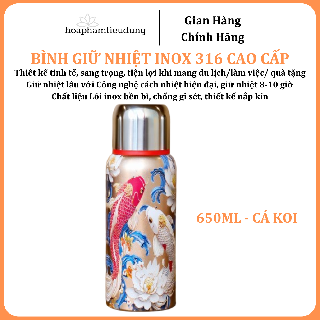  Bình giữ nhiệt Inox 316 in hình họa tiết đẹp mắt có quai treo siêu bền 300ml, 650ml, 800ml 