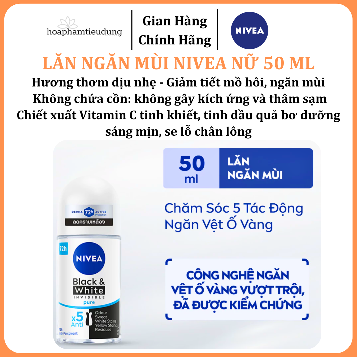  Lăn Ngăn Mùi NIVEA nữ Sáng Mịn | Mờ Thâm | Se Khít Lỗ Chân Lông | Tươi mát | Khô thoáng | Ngăn vệt ố 50 ml 