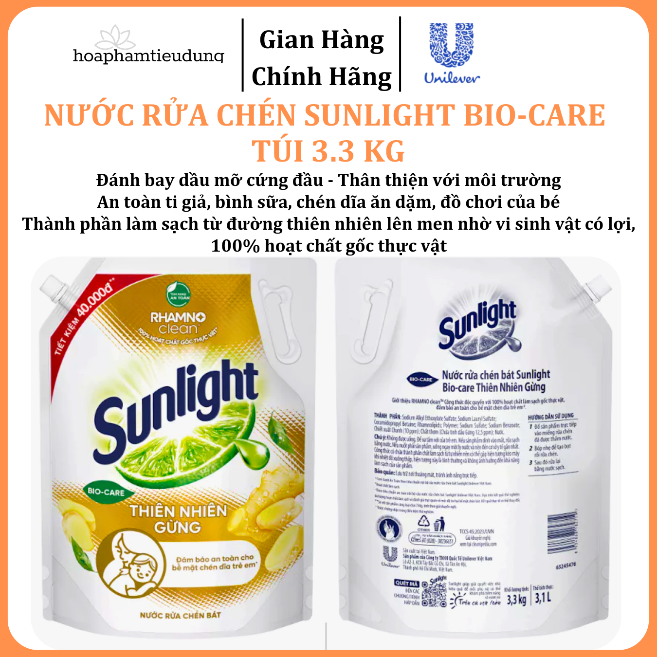  Nước rửa chén Sunlight Bio-care với thành phần từ 100% tự nhiên Túi 3.3 kg 