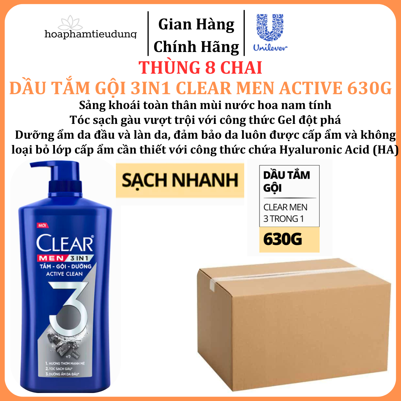  Dầu Tắm - Gội - Dưỡng Mát Lạnh 3 trong 1 cho nam Clear Men Active 630g 