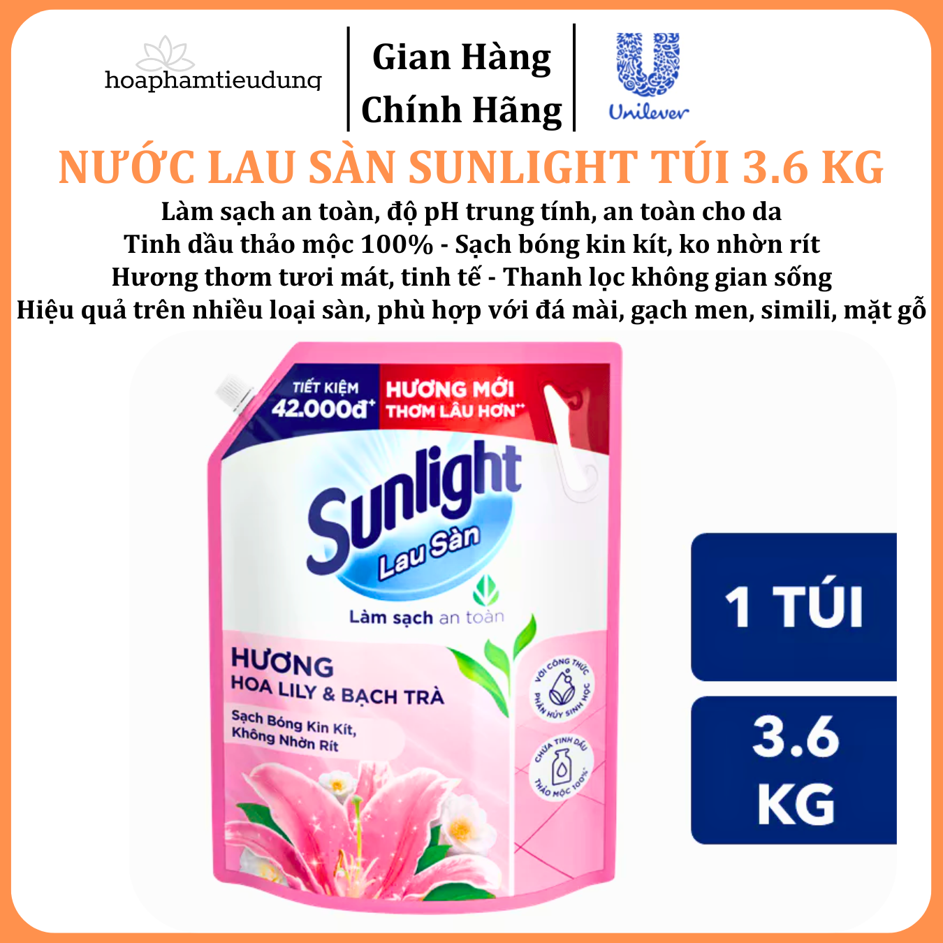  Nước Lau Sàn Sunlight Tinh Dầu Thảo Mộc Sạch Bóng Túi 3.6 Kg 