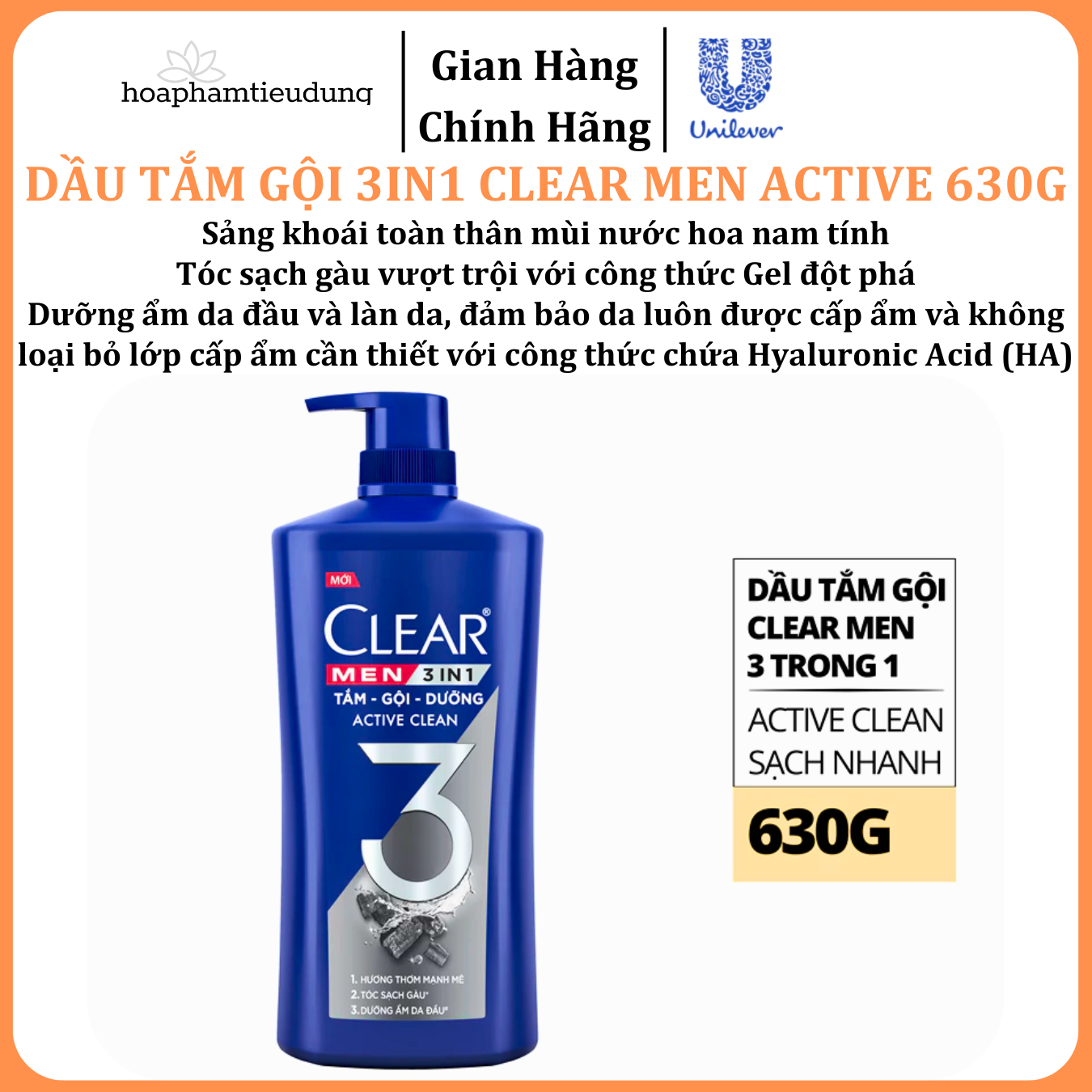  Dầu Tắm - Gội - Dưỡng Mát Lạnh 3 trong 1 cho nam Clear Men Active 630g 