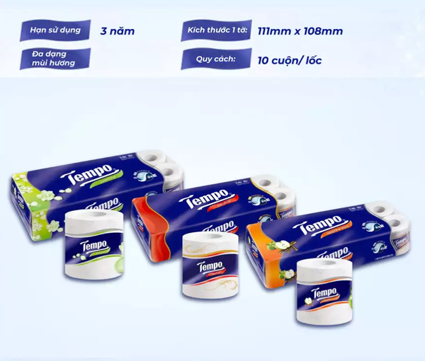  Giấy vệ sinh cao cấp Tempo Toipa - 3 lớp bền dai, an toàn cho da (Lốc 10 Cuộn) 