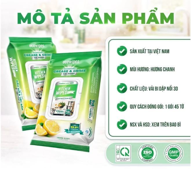  Khăn ướt lau bếp cao cấp Kitchen EcoWipes gói 42 tờ size lớn hương chanh 