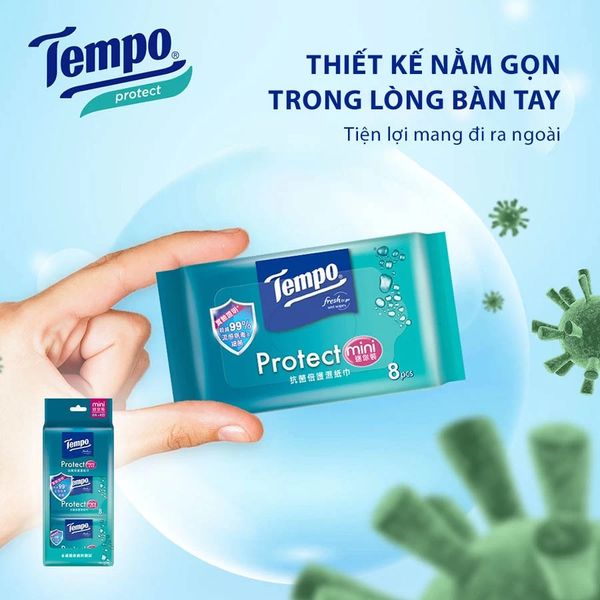  [LỐC 6 GÓI] Khăn ướt Mini Tempo Protect Ngăn Ngừa Vi Khuẩn cao cấp - Diệt khuẩn 99% - Thương hiệu Đức 