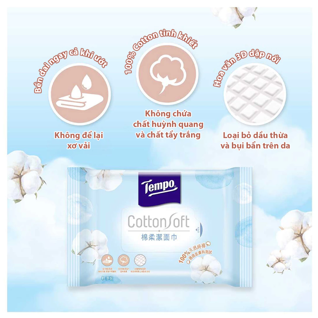  Khăn Cotton cao cấp Tempo dạng rút - làm từ cotton mềm mịn, an toàn cho da- Thương hiệu Đức 