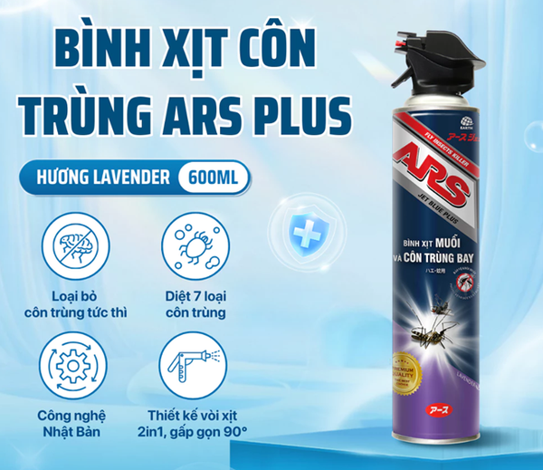  Bình Xịt Ruồi Muỗi ARS JET BLUE PLUS Chuyên Diệt Muỗi Và Côn Trùng Bay., Không Mùi/Lavender, Chai 600ml 