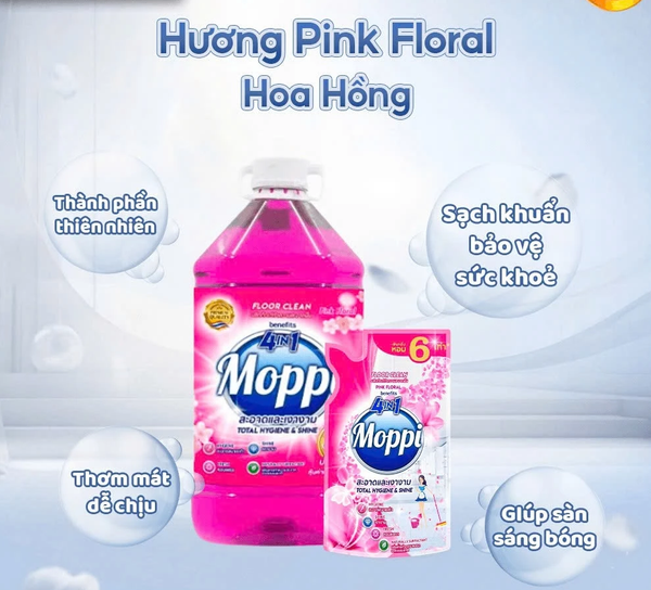  Nước Lau Sàn MOPPI BENEFITS 4in1 - Sạch Khuẩn, Sáng Bóng, Thơm Lâu, Chiết Xuất Thiên Nhiên Túi 600ml 