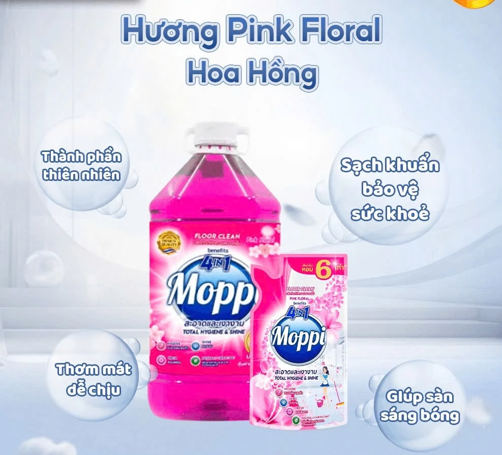  Nước Lau Sàn MOPPI BENEFITS 4in1 - Sạch Khuẩn, Sáng Bóng, Thơm Lâu, Chiết Xuất Thiên Nhiên Túi 600ml 