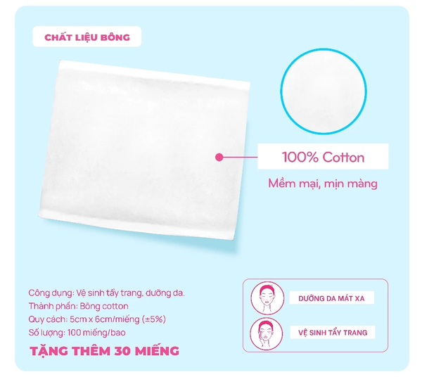  Bông Tẩy Trang Ép Biên POP-PUF 130 Miếng  Bông Cotton Tự Nhiên, Mềm Mịn 