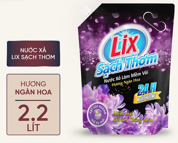  Nước xả làm mềm vải Lix sạch thơm hương ngàn hoa túi 1,8/ 2,2/ 3,2L 