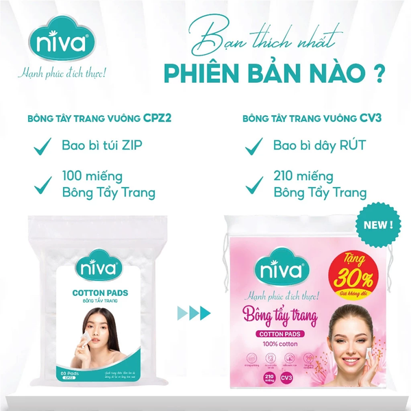  Bông Tẩy Trang Vuông NIVA CV3 Túi 210 Miếng – Bông Tự Nhiên Cao Cấp, Bản Cải Tiến 